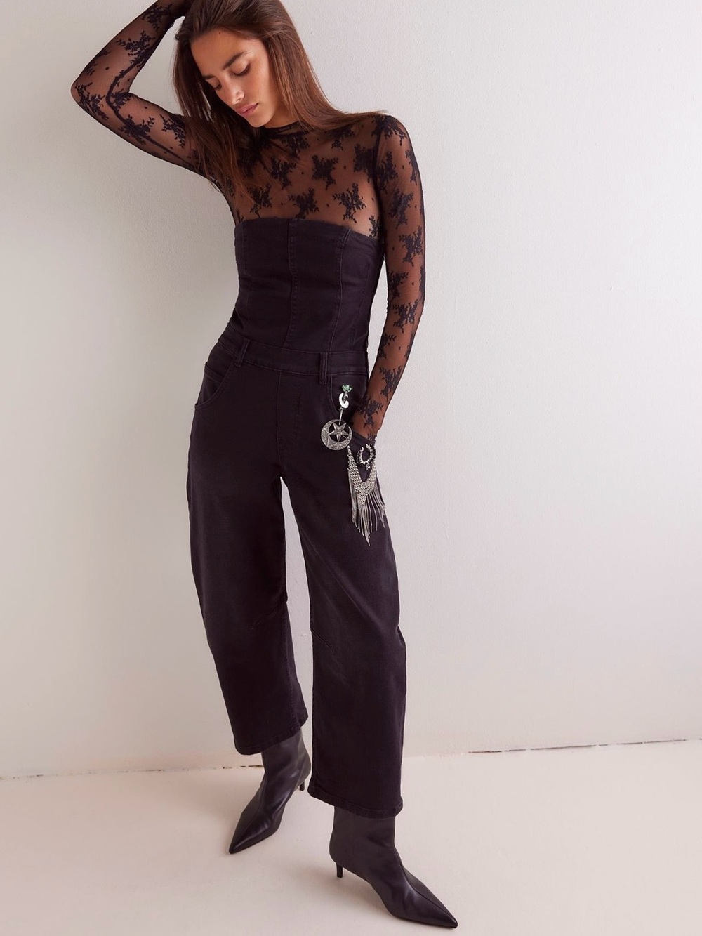 We The Free Black Strapless Wide-Leg Denim Overalls